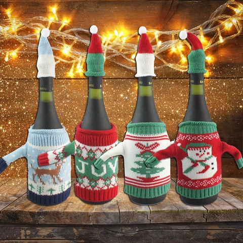 Housse de Bouteille de Vin Noël Set Mini Pull Tricoté en Mélange de Laine Avec Chapeau Renne Sapin Décoration Fête