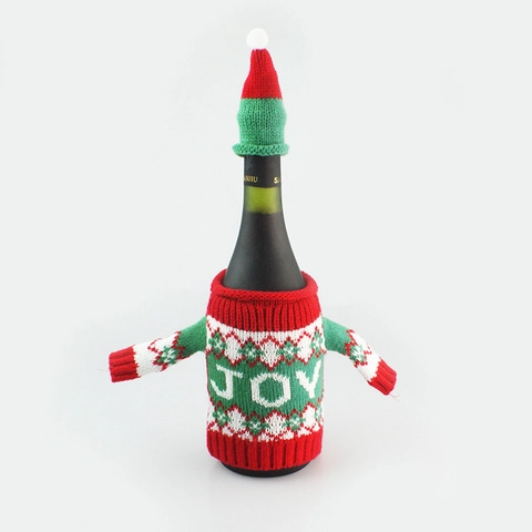 Housse de Bouteille de Vin Noël Set Mini Pull Tricoté en Mélange de Laine Avec Chapeau Renne Sapin Décoration Fête