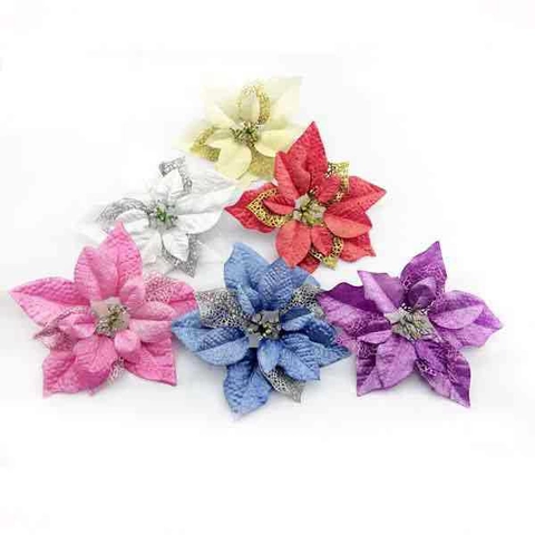 Glitter Poinsettia Artificial Flowers For Christmas Tree Decoration Festive Multi Layer Fabric Ornaments For Party Home Wedding Decor