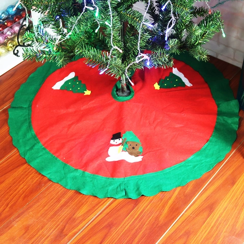 Jupe de Sapin de Noël en Tissu Non Tissé Motif Bonhomme de Neige Rouge Vert Décoration de Base Ronde pour Fête Maison Noël