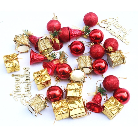 Juego de Adornos de Árbol de Navidad de PVC Decoraciones Colgantes Bolas Brillantes Y Mates Mini Cajas de Regalo Tambores Campanas