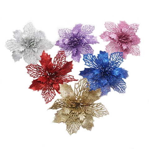 Fleurs de Noël Artificielles à Paillettes Poinsettia Design Creux à Trois Couches Ornement Floral pour Décoration de Sapin de Noël Fête Maison