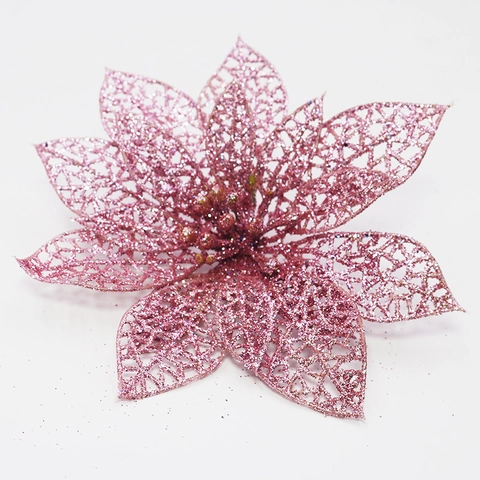 Glittering Artificial Christmas Poinsettia Flowers Hollow Out Double Layer Decorative Flowers For Party Tree Home Decor