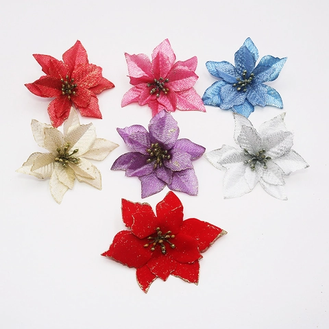 Flores de Poinsettia Artificiales con Brillo Adornos Colgantes para Árbol de Navidad para Fiesta Hogar Flores Caladas