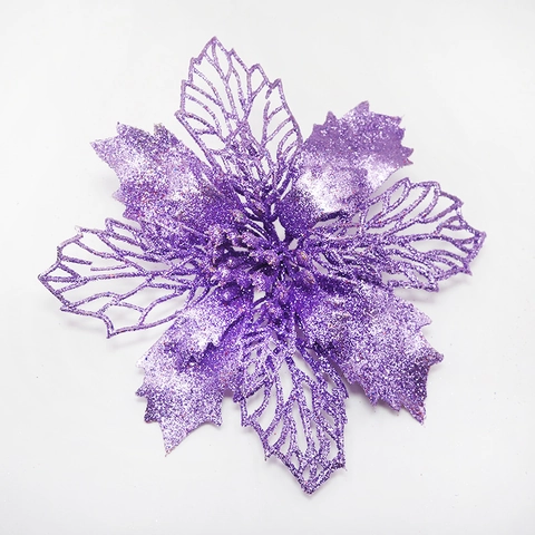 Fleurs de Noël Artificielles à Paillettes Poinsettia Design Creux à Trois Couches Ornement Floral pour Décoration de Sapin de Noël Fête Maison