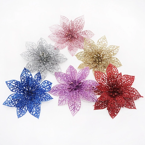 Glittering Artificial Christmas Poinsettia Flowers Hollow Out Double Layer Decorative Flowers For Party Tree Home Decor