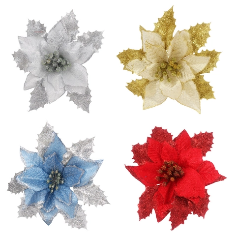Artificial Christmas Poinsettia Flowers With Glitter For Christmas Tree Ornaments Holiday Party Wedding Decor