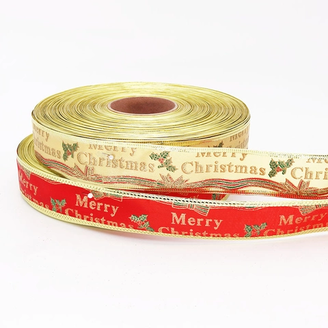 Nastro in Raso Stampato Merry Christmas Con Bordo Metallico Per Decorazione Albero di Natale Confezione Regalo Fai da Te