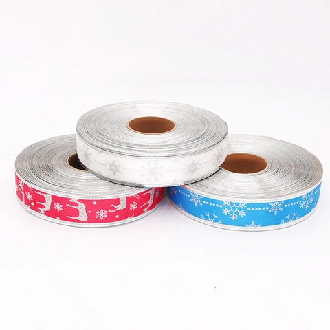 Nastro di Raso Natalizio Glitter Fiocco di Neve Renna Stampa Nastro Decorativo per Albero di Natale Confezioni Regalo Fai da Te
