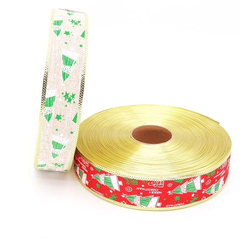Christmas Tree Pattern Linen Look Ribbon With Satin Gold Edge Merry Christmas Printed Decorative Ribbon For Holiday Decor