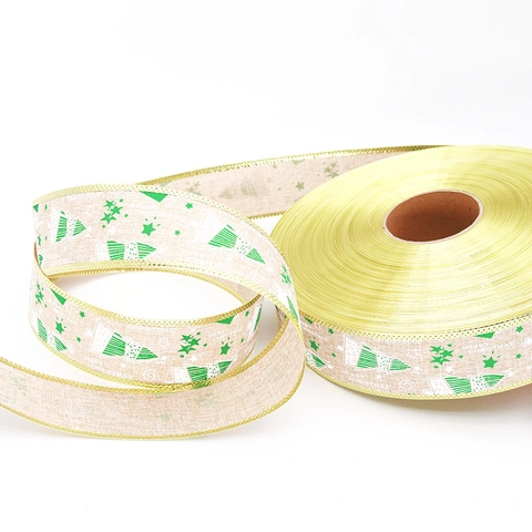 Christmas Tree Pattern Linen Look Ribbon With Satin Gold Edge Merry Christmas Printed Decorative Ribbon For Holiday Decor