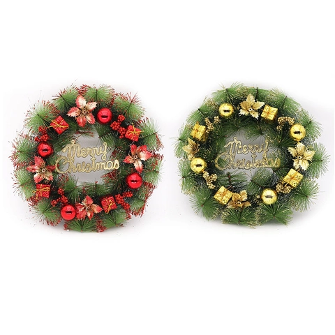 Corona de Navidad Guirnalda de Agujas de Pino Artificial Con Bolas Festivas Lazos Campanas Para Puerta Delantera Pared