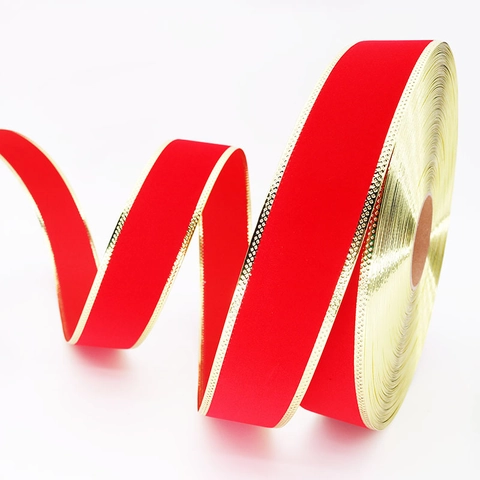 Red Flocked Velvet Ribbon With Gold Wired Edge For Christmas Tree Decoration Holiday Festive Gift Wrapping DIY Bows Ribbon