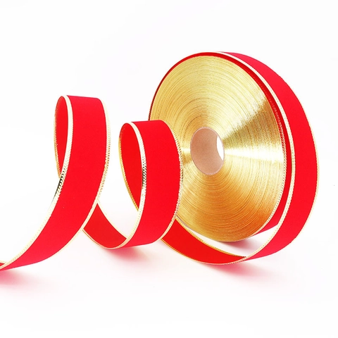 Nastro Natalizio in Velluto Rosso con Bordo Metallico Dorato per Confezioni Regalo Decorazione Albero Fiocchi Festivi Nastro