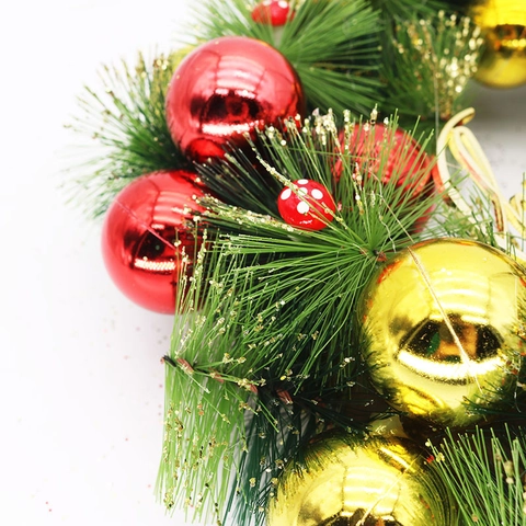 Corona de Navidad Artificial Con Bolas Rojas Doradas Lazo Campana Letrero Merry Christmas Decoración Colgante de Puerta
