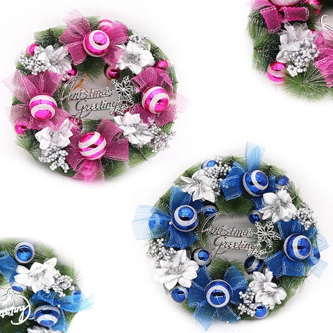Corona de Navidad Artificial Con Agujas de Pino Bolas Decorativas Lazos Flores Letrero de Saludos Para Puerta Pared Hogar Fiesta Deco