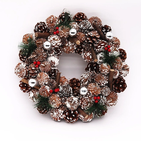 Couronne de Noël LED avec Pommes de Pin Effet Neige Blanche Guirlande avec Baies Rouges et Aiguilles de Pin pour Porte d'Entrée Maison Mur Décoration