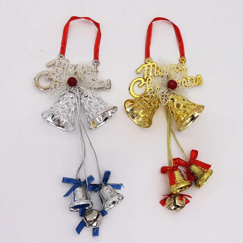 Christmas Bells Ornaments Hanging Pendants Merry Christmas Letter Plate Hollow Double Bell Decorative Bowknot Ribbon