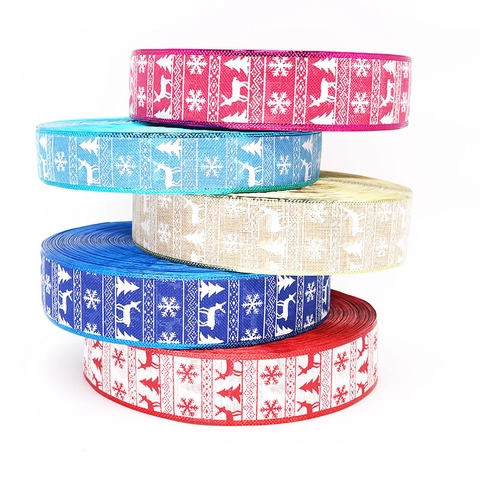 Ruban Décoratif De Noël Avec Motif Renne Et Flocon De Neige En Imitation Lin Bord Filaire Pour Emballage Cadeau Décor