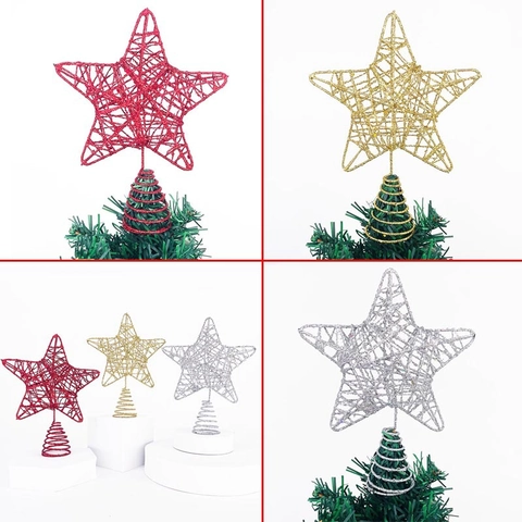 Cimier de Sapin de Noël Étoile Pailletée Étoile à Cinq Branches en Fil de Fer Évidé Avec Base en Spirale Décorative