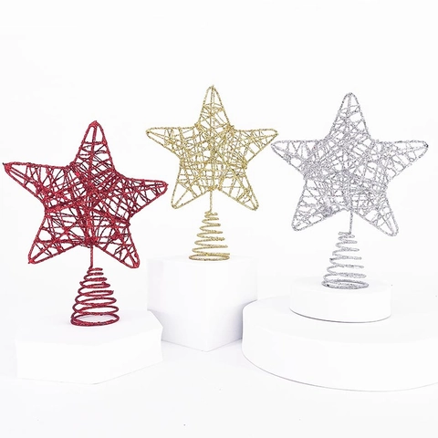 Cimier de Sapin de Noël Étoile Pailletée Étoile à Cinq Branches en Fil de Fer Évidé Avec Base en Spirale Décorative