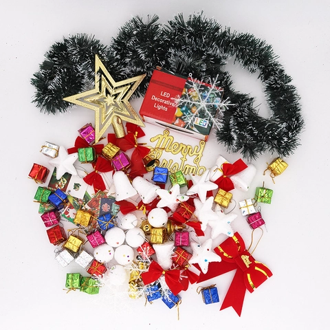 Gran Set de Decoración de Adornos para Árbol de Navidad Kit de PVC Con Guirnalda de Luces LED Estrella Lazos Copos de Nieve Decoración de Fiesta