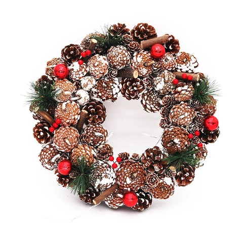 Ghirlanda di Natale con Pigne e Luci LED Calde Bacche Rosse Effetto Neve Bianca Aghi di Pino Artificiali Decorazione Rustica per Porta e Parete