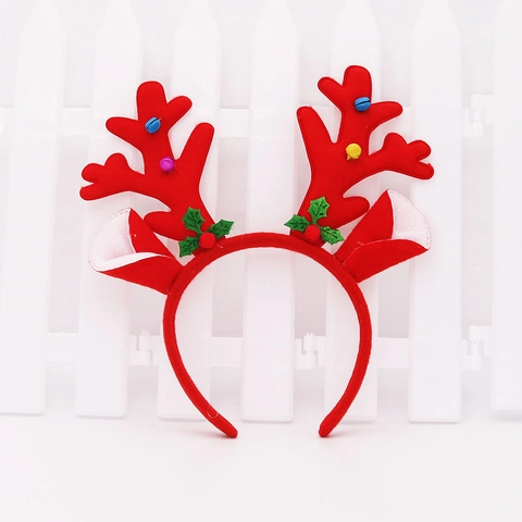 Cerchietto con Corna di Renna Rosse Festive con Campanelli Colorati e Dettagli di Agrifoglio in Morbido Velluto per Natale