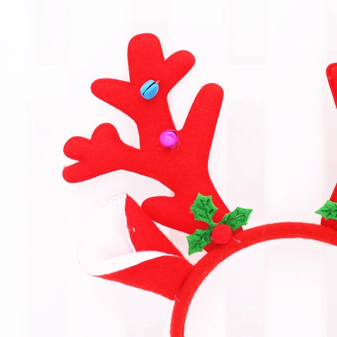 Cerchietto con Corna di Renna Rosse Festive con Campanelli Colorati e Dettagli di Agrifoglio in Morbido Velluto per Natale