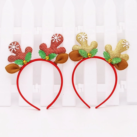 Serre-Tête Bois De Renne Noël À Paillettes Avec Clochettes Or Serre-Tête En Tissu Rouge Pour Fête De Noël Décor