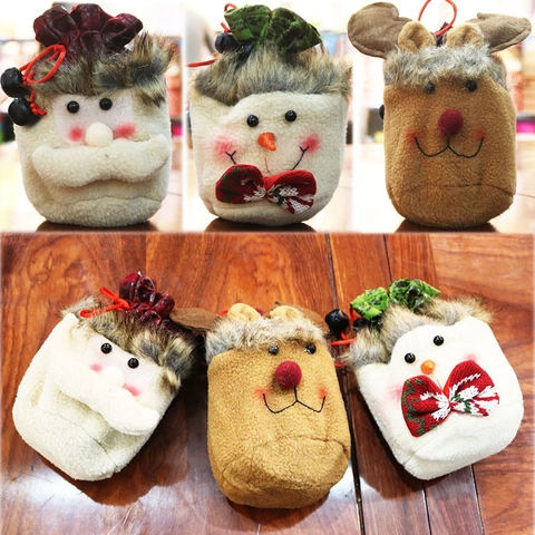Plush Christmas Gift Bags Santa Claus Snowman Reindeer Drawstring Candy Pouch Hand Sewn Holiday Apple Bags Festive Party Decor