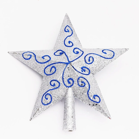 Puntale per Albero di Natale Stella a Cinque Punte Argento Blu Glitter Dipinto Motivo a Spirale Decorazione Natalizia Casa