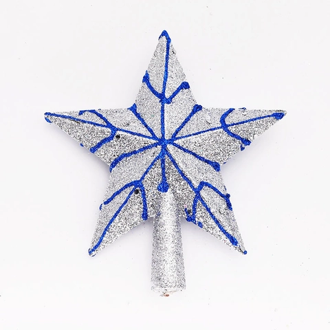 Puntale per Albero di Natale Stella a Cinque Punte Argento Blu Glitter Dipinto Motivo a Spirale Decorazione Natalizia Casa