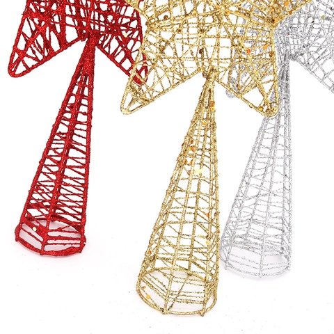 Puntale Albero di Natale Stella Glitterata in Filo di Ferro Traforato Decorazione Stella a Cinque Punte Oro Argento Rosso