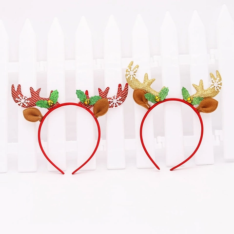 Weihnachten Rentier Geweih Stirnband Mit Glitzer Schneeflocke Gold Rot Glocken Stechpalmenblätter Feiertag Party Kostüm Kopfschmuck