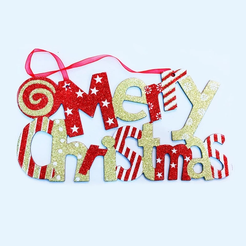 Merry Christmas Plaque Lettres Pailleté Plastique Panneau Suspendu Rouge Or Vert Décoration Porte Festive Pour Fête Noël