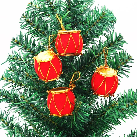 Rote Beflockte Weihnachtsbaum Trommel Ornamente Goldrand Mini Trommel Anhänger Für Feiertags Party Heimdekoration