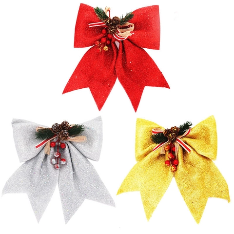 Decoración de Lazo Grande para Árbol de Navidad Con Piña Bayas Rojas Agujas Cinta a Rayas Purpurina Adorno Colgante