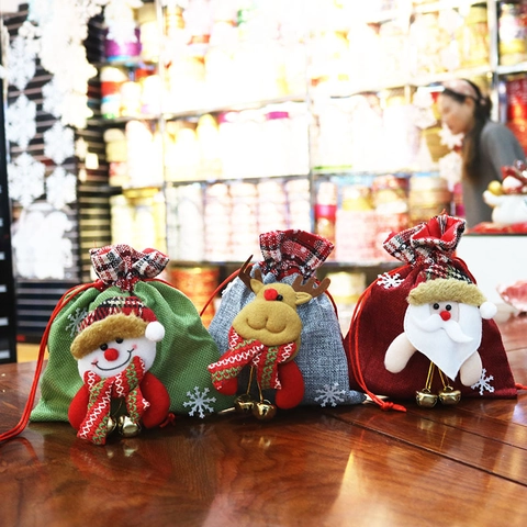 Christmas Burlap Drawstring Gift Bags Santa Snowman Reindeer Pattern Linen Candy Treat Bags With Metal Bells Holiday Decor