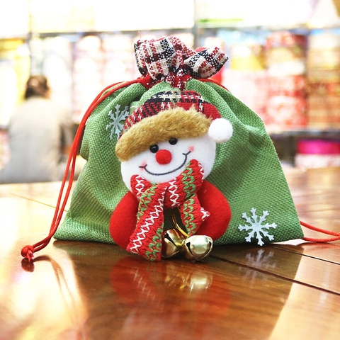 Christmas Burlap Drawstring Gift Bags Santa Snowman Reindeer Pattern Linen Candy Treat Bags With Metal Bells Holiday Decor