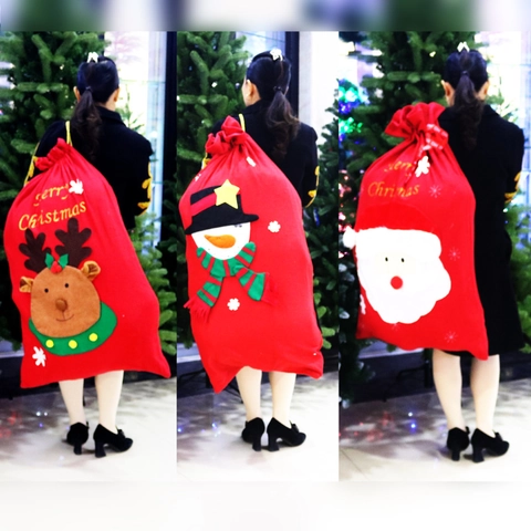 Large Christmas Gift Bag Non-woven Fabric Drawstring Sack Santa Snowman Reindeer Pattern Festive Holiday Party Storage Bag