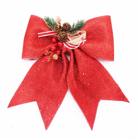 Decoración de Lazo Grande para Árbol de Navidad Con Piña Bayas Rojas Agujas Cinta a Rayas Purpurina Adorno Colgante