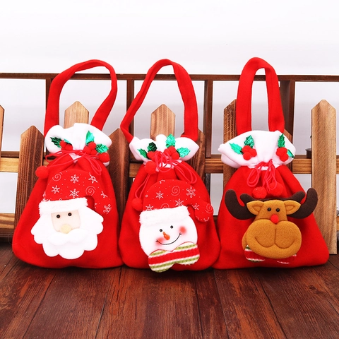 Bolsa de Regalo de Navidad Tela Cepillada Roja Cordón Bolsa de Caramelos Con Aplique 3D Papá Noel Reno Para Decoración Navideña