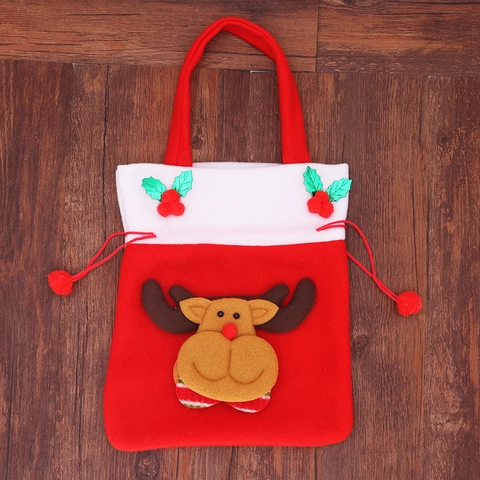 Sacchetto Regalo di Natale in Tessuto Spazzolato Rosso Coulisse Porta Caramelle Con Applicazione 3D Babbo Natale Renna Per Festa