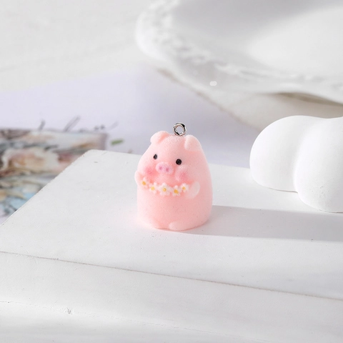Cute Flocked Pink Pig Resin Pendants DIY Animal Charms For Jewelry Making Earrings Keychain Accessories Cartoon Style