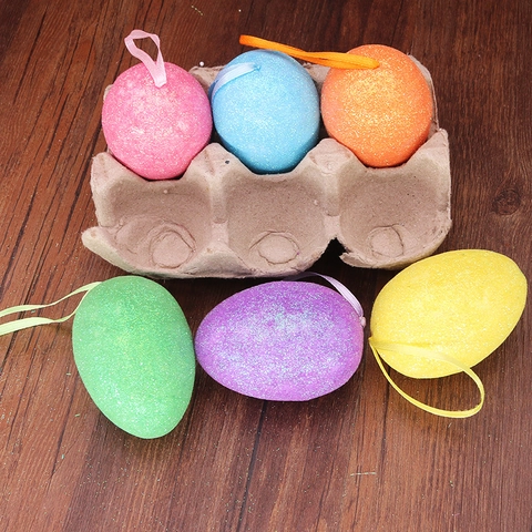 6 Pièces Œufs de Pâques Colorés Décorations en Mousse À Suspendre Œufs Pailletés Avec Ruban et Plateau Pour Fête Maison