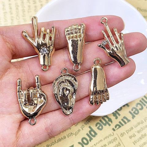 Punk Rock Style Gold Alloy Rhinestone Hand Gesture Ear Foot Charms Pendants For DIY Earrings Necklace Jewelry Making Accessories