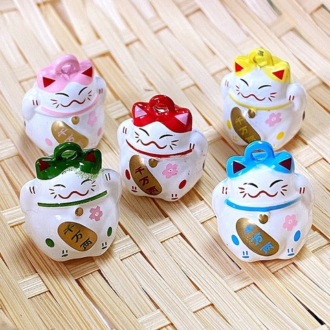 Alloy Colorful Lucky Cat Bell Pendant DIY Cute Japanese Style Maneki Neko Necklace Keychain Phone Charm Accessories For Women