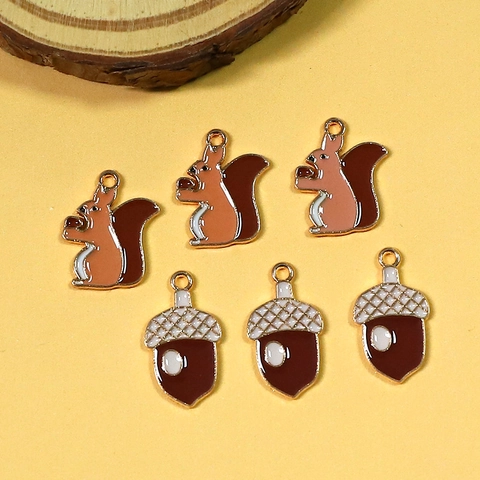 Alloy Enamel Squirrel Acorn Charms For DIY Jewelry Making Earrings Necklace Keychain Cute Animal Plant Pendants