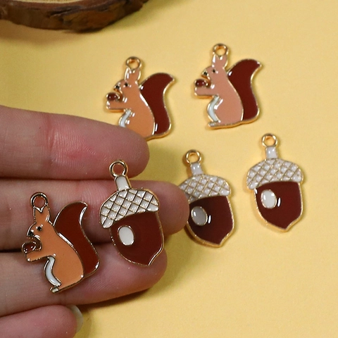 Alloy Enamel Squirrel Acorn Charms For DIY Jewelry Making Earrings Necklace Keychain Cute Animal Plant Pendants